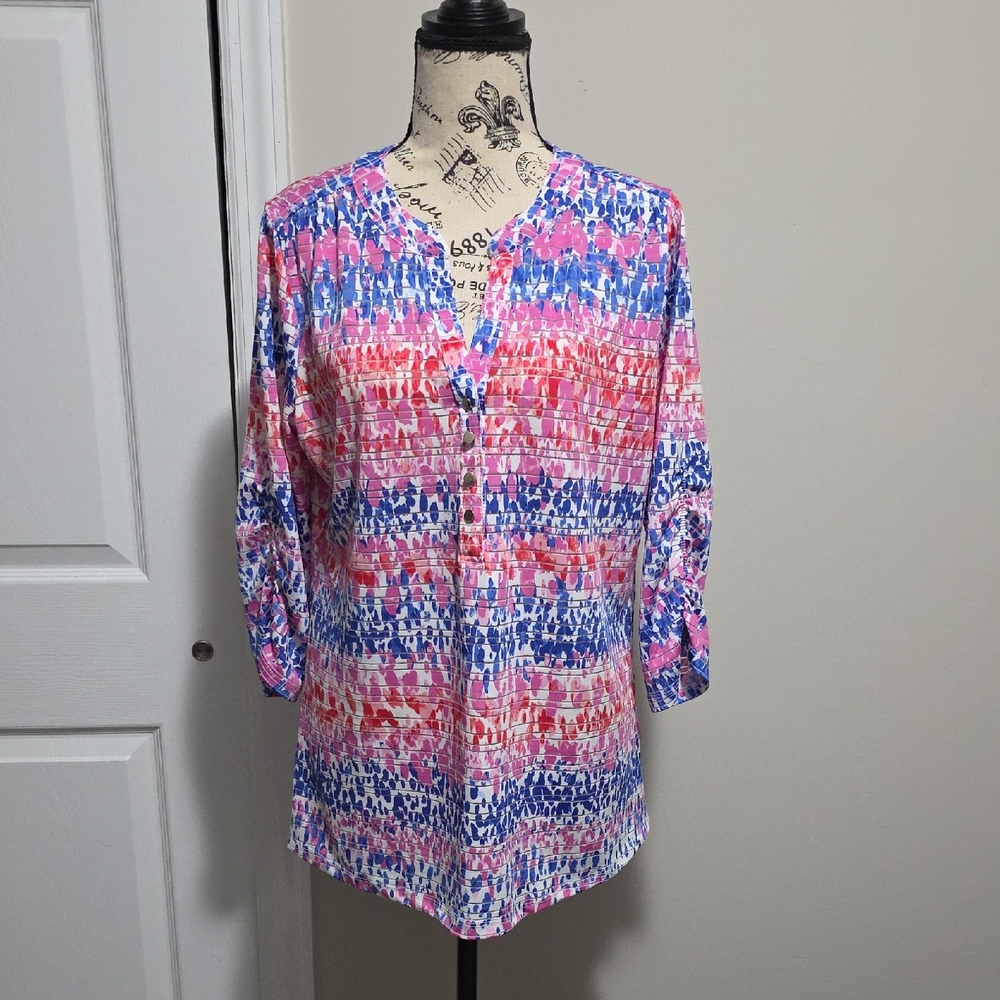 Emily Daniels Flowy Vibrant Stretch Top V Neck Button 3/4 Ruched Sleeves Sz M